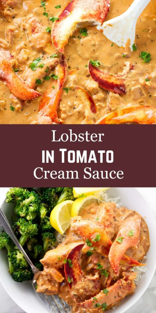 Overhead of lobster in tomato cream sauce with broccoli, lemon, and herbs.