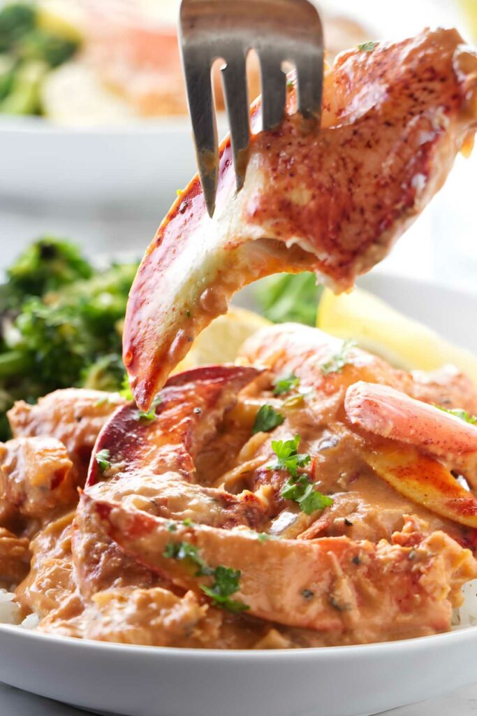 Fork holds creamy lobster claw over plate with lobster, sauce, herbs, broccoli.