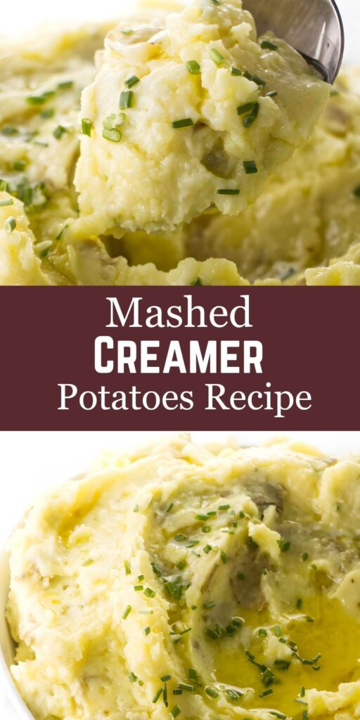 Close-up of mashed potatoes with chives, spoon lifted; recipe text overlay.