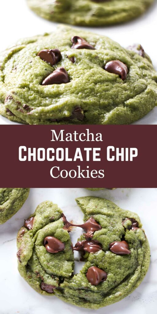 Close-up of green matcha chocolate chip cookies, whole and halved, with text.