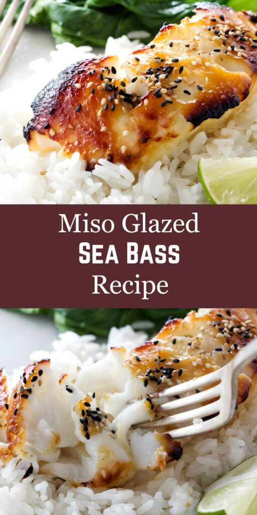 Close-up of miso-glazed sea bass on rice, lime wedge, recipe text overlay.