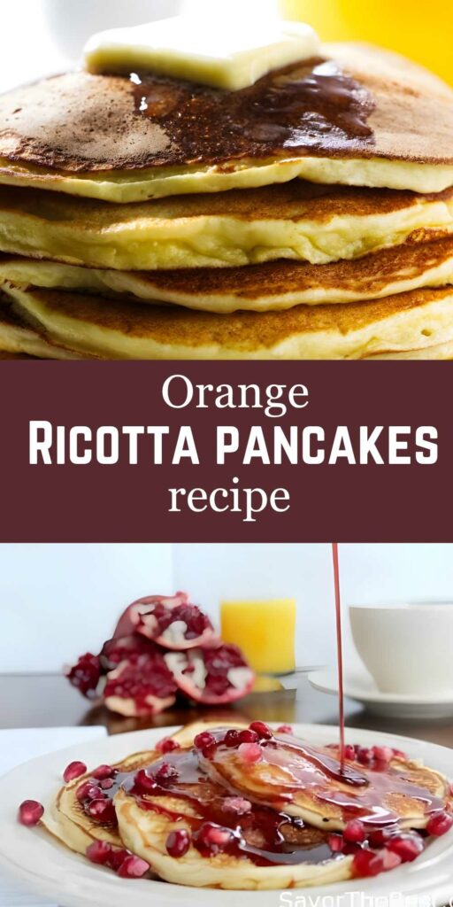 Stack of ricotta pancakes with butter, syrup, pomegranate seeds, and orange juice.