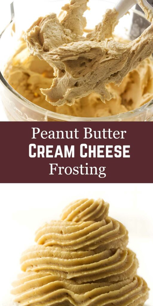 Mixing bowl with peanut butter frosting, beater, and piped swirl displayed.