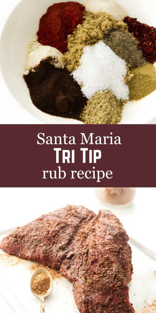 Bowl of spices for Santa Maria tri tip rub, coated beef below.