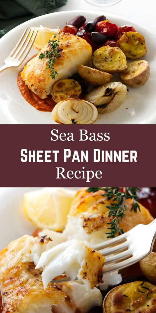Sea bass fillet with roasted vegetables on plate, fork beside fish.