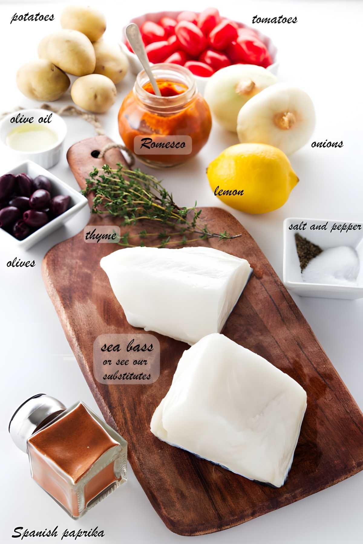 Wooden board with sea bass fillets, surrounded by labeled Mediterranean ingredients.