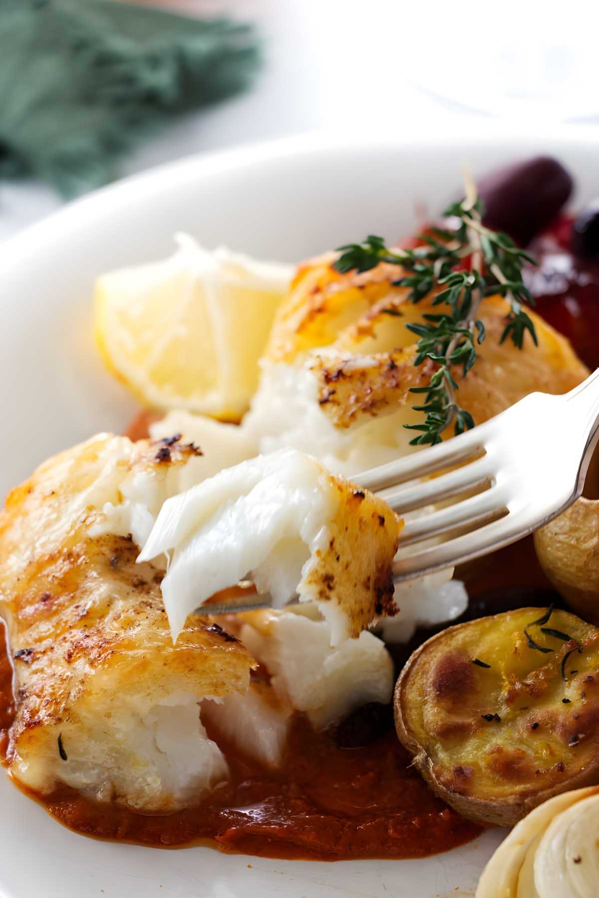 Fork cutting flaky sea bass fish fillet with thyme, potatoes, and lemon wedge.