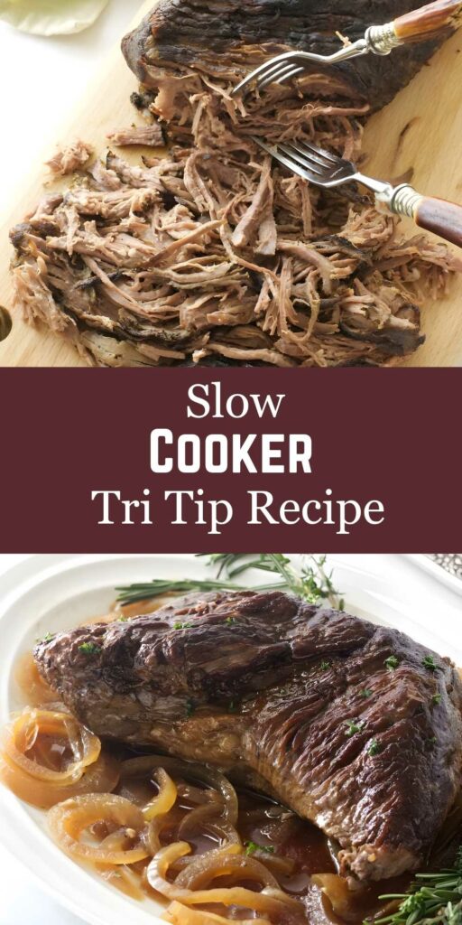 Top: Shredded tri tip; Bottom: Whole cooked tri tip with onions and herbs.