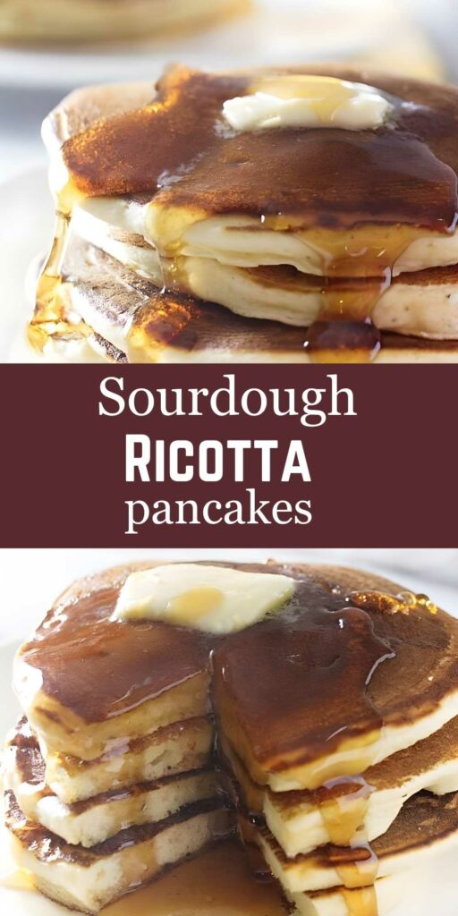 Stack of fluffy sourdough ricotta pancakes with butter.