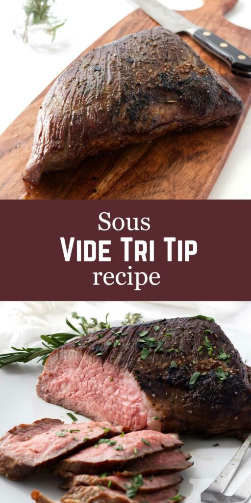 Cooked and sliced tri tip roast on cutting board, garnished with herbs.
