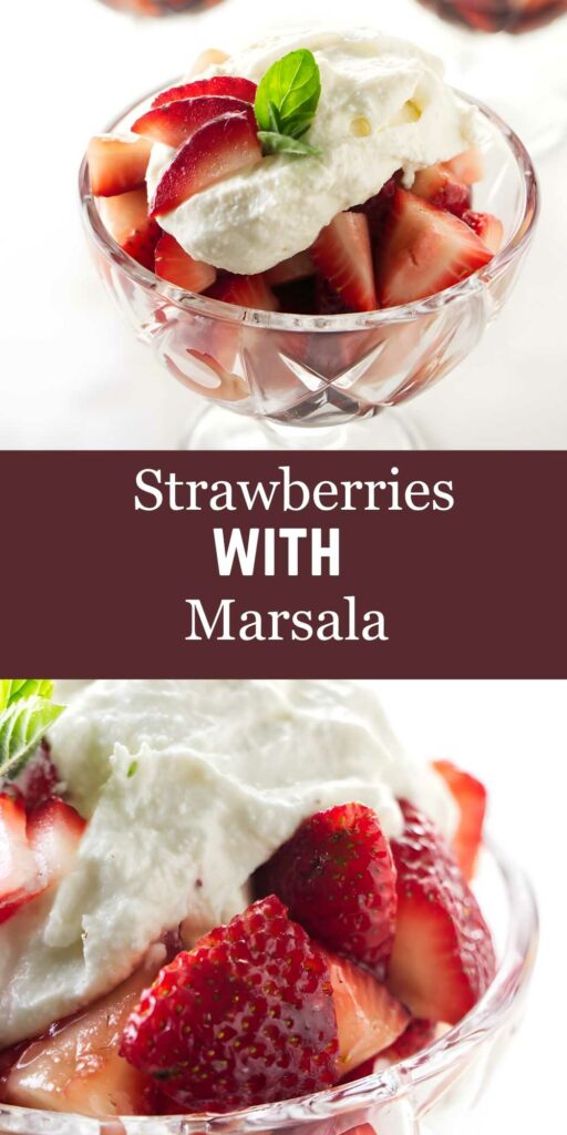 Glass bowl of sliced strawberries with ricotta, mint, and marsala.