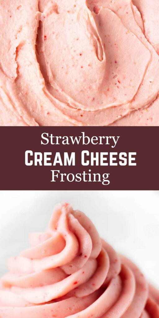 Pink strawberry cream cheese frosting with text and piped swirl on white background.