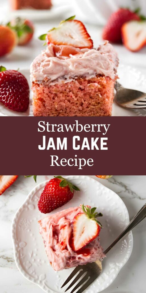 Slice of strawberry jam cake with pink frosting and fresh strawberry topper.