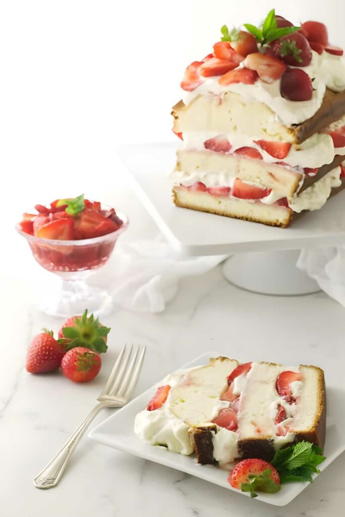 Slice of strawberry shortcake with whipped cream; pound cake and berries behind.
