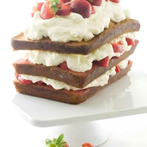 Three-layer strawberry shortcake with pound cake.