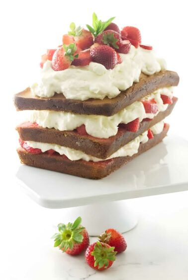 Three-layer strawberry shortcake with pound cake.