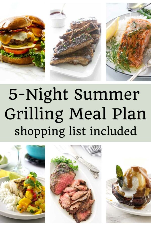 Collage of grilled foods and a summer grilling meal plan shopping list.