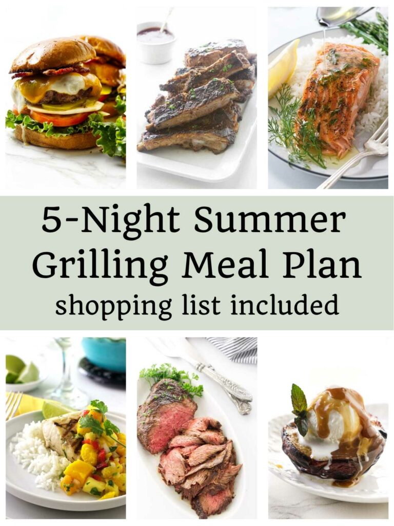 Collage of grilled foods and a summer grilling meal plan shopping list.