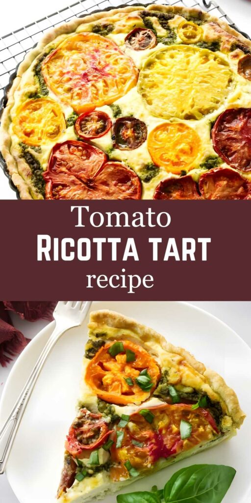 Overhead of tomato ricotta tart with colorful tomatoes, slice served on plate.