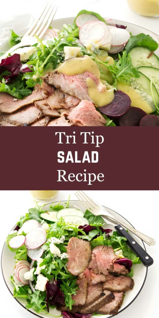 Plate of tri tip steak salad with vegetables and utensils, recipe text overlay.