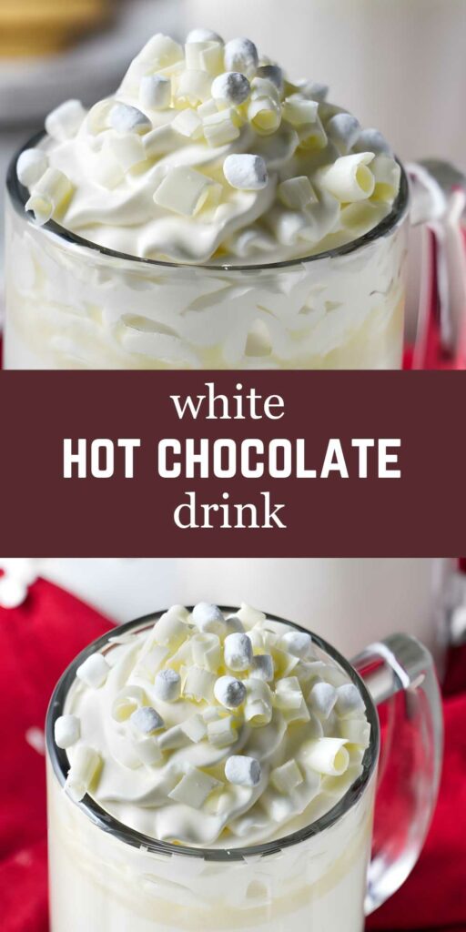 Glass mug of white hot chocolate with whipped cream and marshmallows.