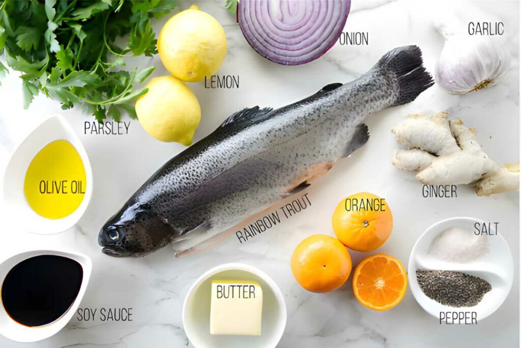 Labeled fish dish ingredients arranged neatly on a white background.