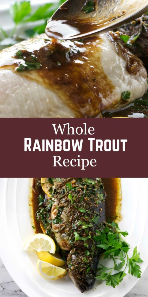 Close-up of rainbow trout with herb sauce, parsley, lemon; recipe text.