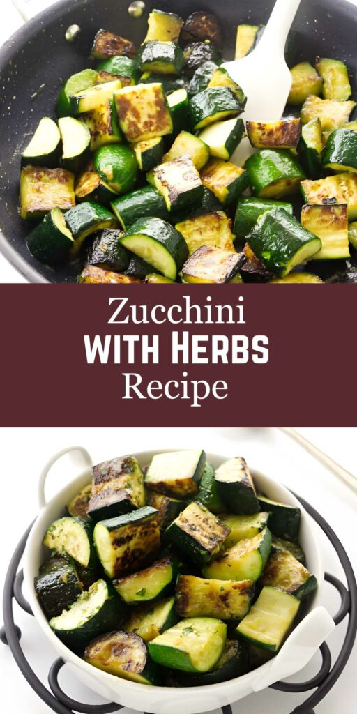 Chopped zucchini sautéed with herbs, then served in a white bowl.