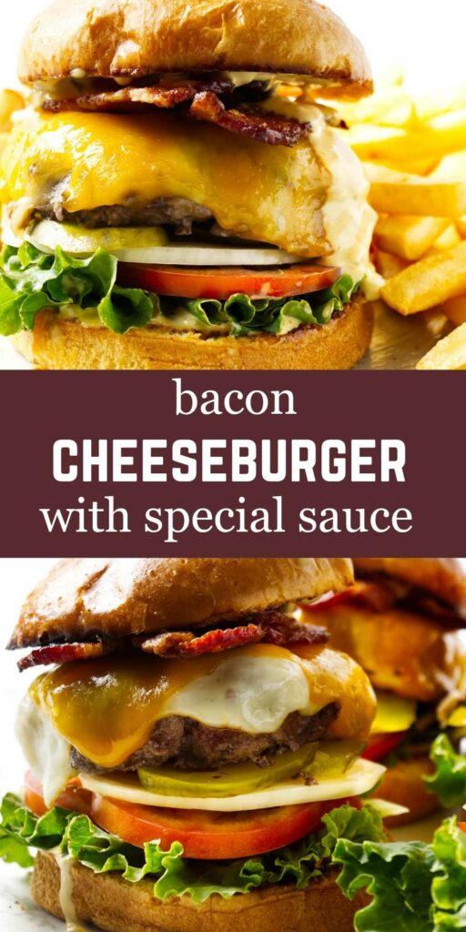 A cheeseburger with bacon on a plate with fries.