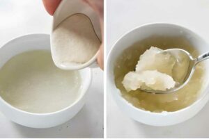 Pouring gelatin powder into water and letting it it to hydrate.