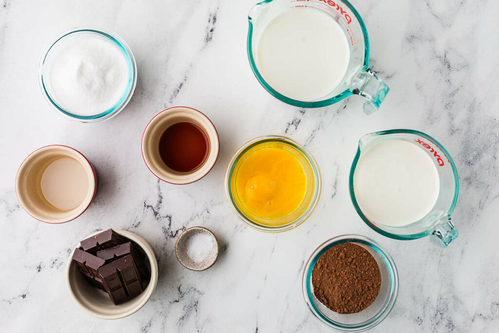 Ingredients for making chocolate ice cream for an ice cream maker.