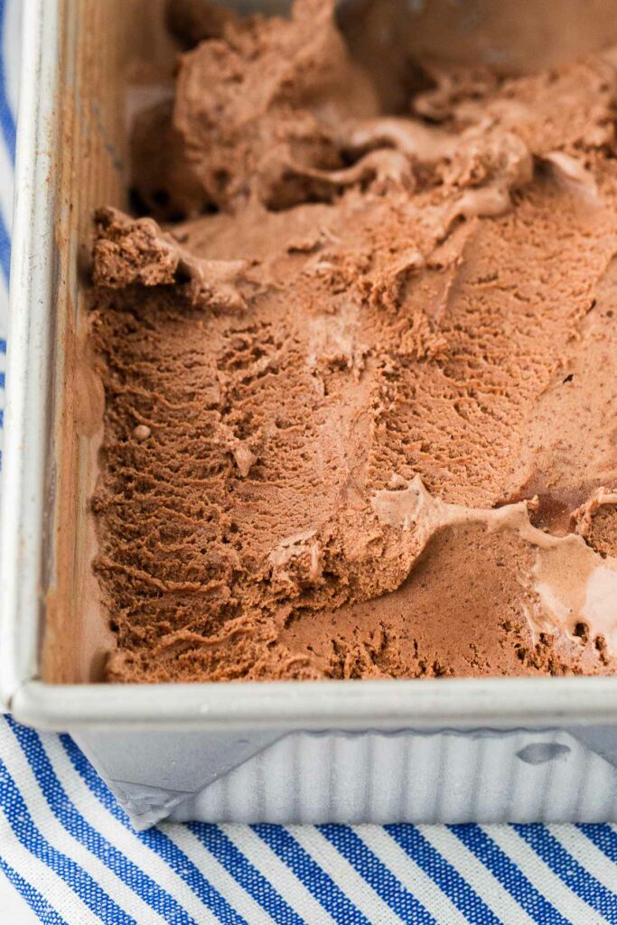 Chocolate ice cream in a loaf pan.