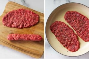 Shaping and cooking ground beef for homemade patty melt.