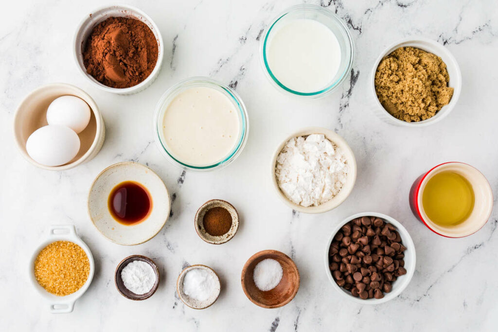 Ingredients used to make chocolate sourdough muffins.