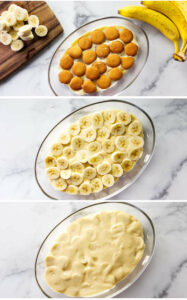 Three photos showing how to layer the banana pudding dessert.