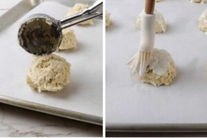 Adding scoops of biscuit dough on a baking sheet and topping with cream.