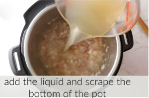 Adding chicken broth to a pressure cooker.