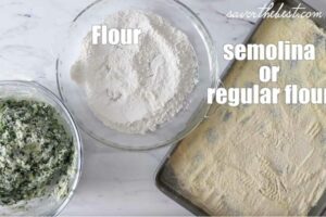 Setting up flour and semolina in dishes to roll the dumplings.