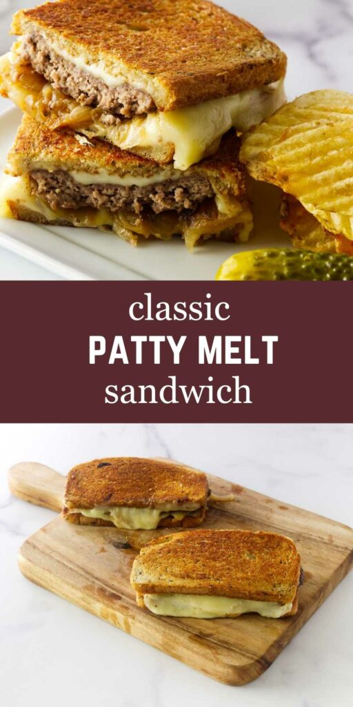Two classic patty melt sandwiches with melted cheese and grilled bread.