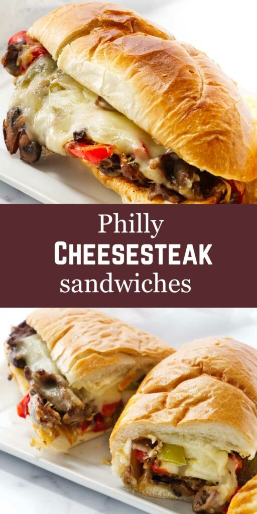 Cheesesteak sandwiches on a platter.