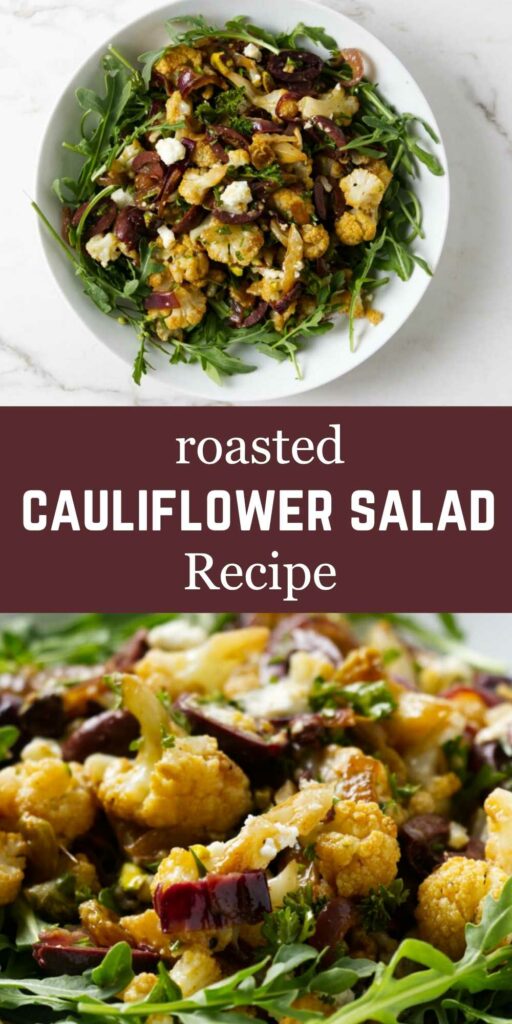 A salad bowl with roasted cauliflower, arugula, and toppings.