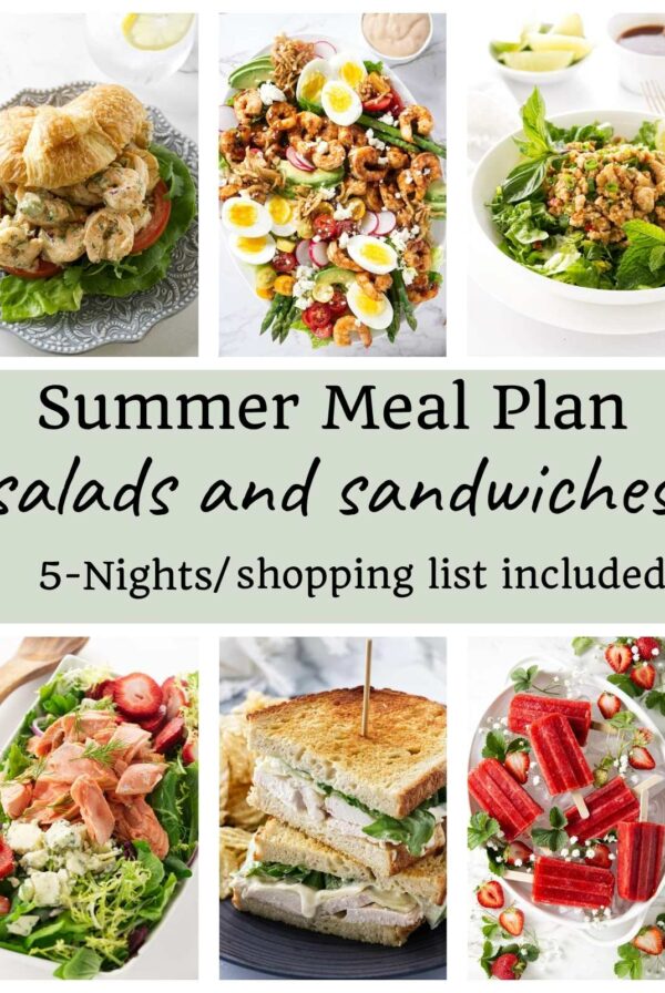 Collage of summer salads, sandwiches, popsicles; text: Summer Meal Plan.
