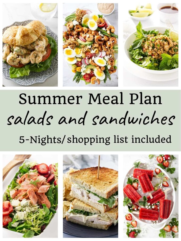 Collage of summer salads, sandwiches, popsicles; text: Summer Meal Plan.
