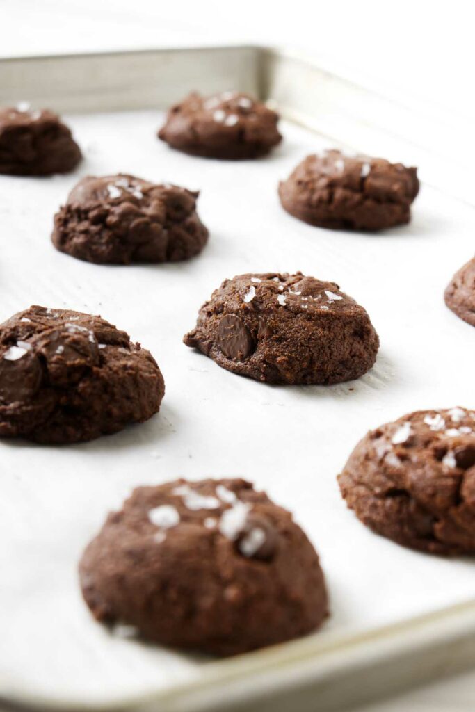 Sourdough fudge cookies with flaky sea salt on top.