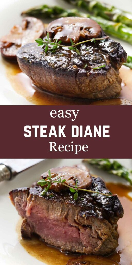 A steak with diane sauce on a plate.