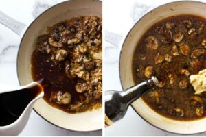Adding beef stock, dijon and Worcestershire sauce to a sauce diane.