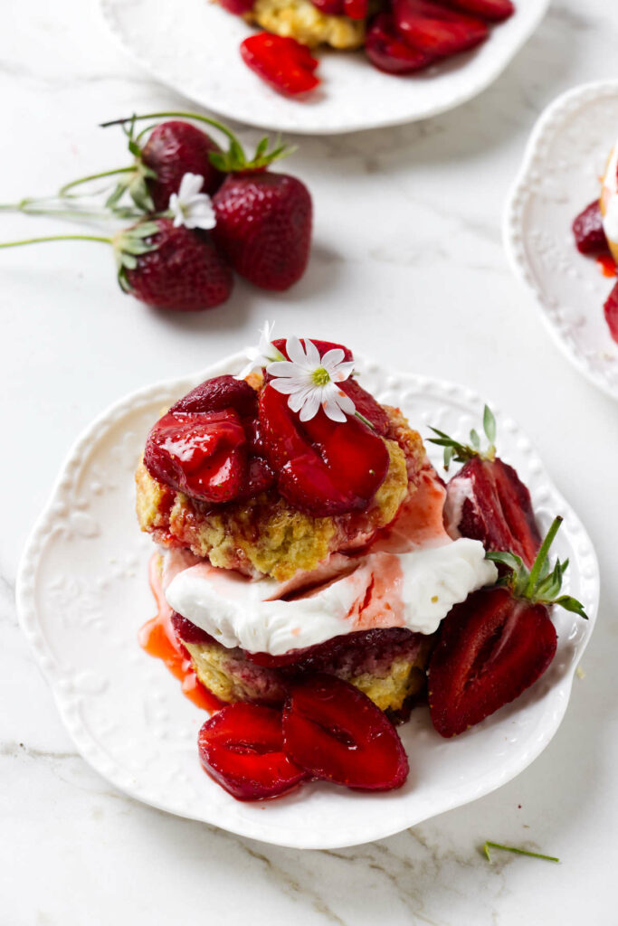 A strawberry shortcake made with lemony biscuits and homemade whipped cream.