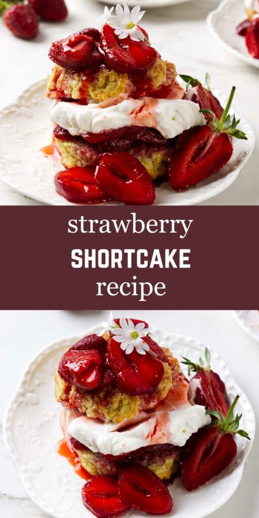 A homemade strawberry shortcake made with fresh strawberries.