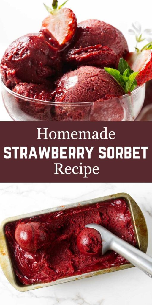 Scooping fresh strawberry sorbet from a loaf pan.