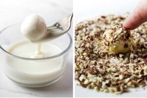 Coating a white chocolate ganache truffle in melted chocolate and nuts.